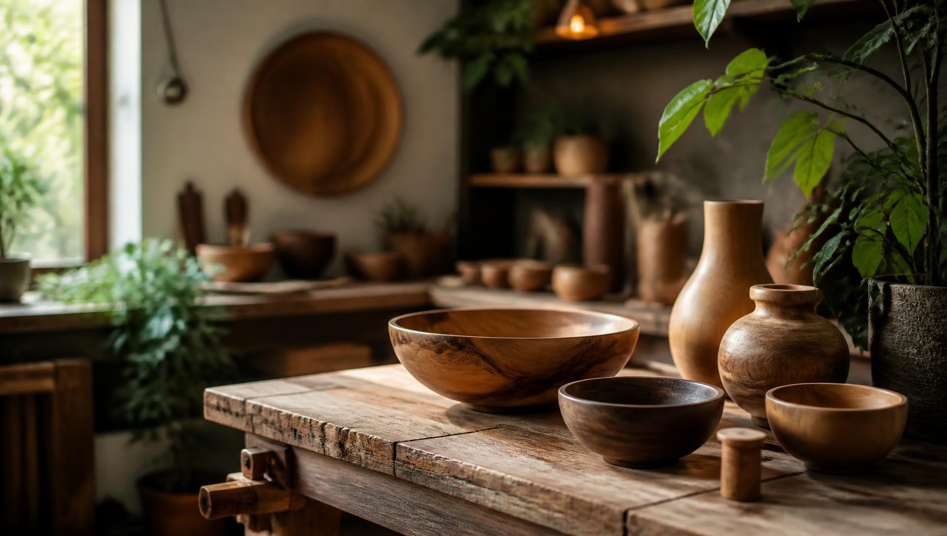 Ateliê com peças artesanais de madeira